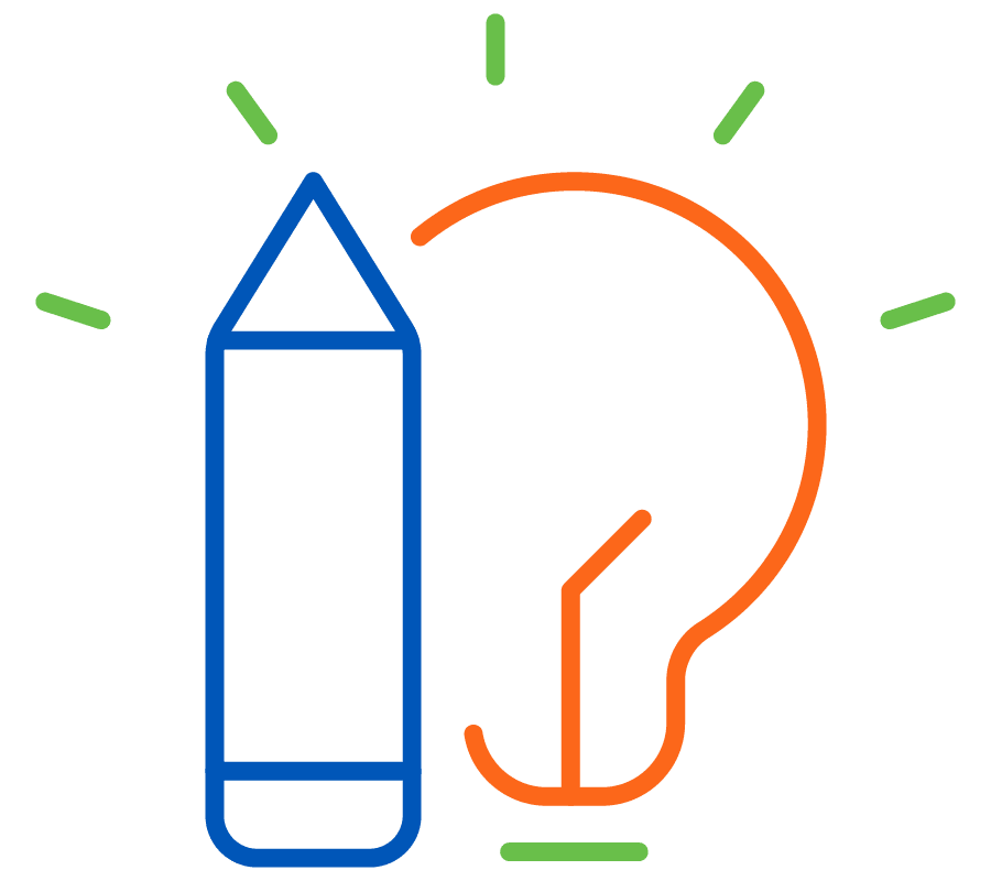 blue pencil and orange lightbulb